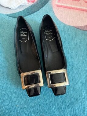 Roger Vivier Black Patent Leather Square-Buckle Flats